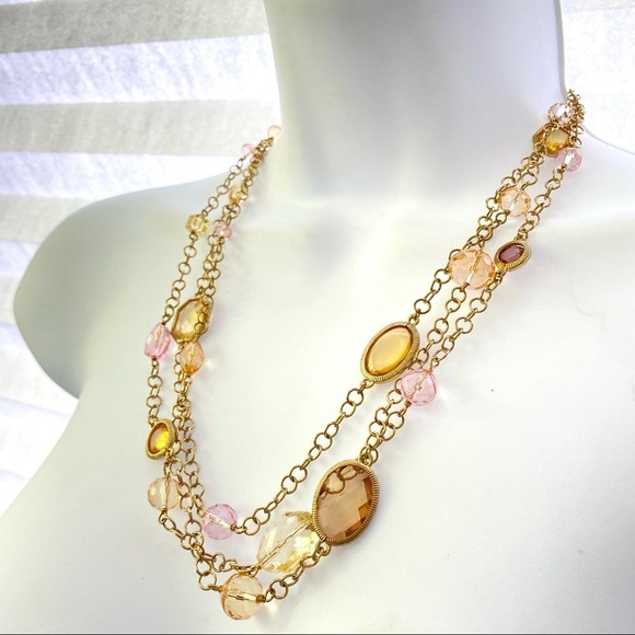 DANA KELLIN Goldtone Layered Pink Yellow and Clear Glass Bead Necklace - Picture 3 of 7